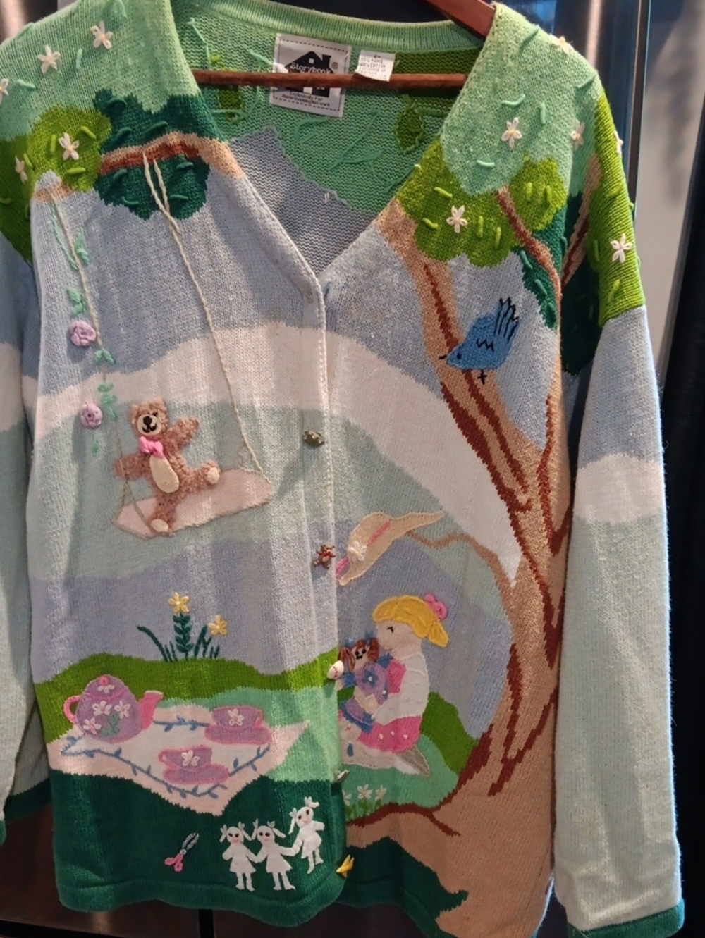 Storybook Knits Pastel Green Blue Multi-Scene Embroidered Cardigan